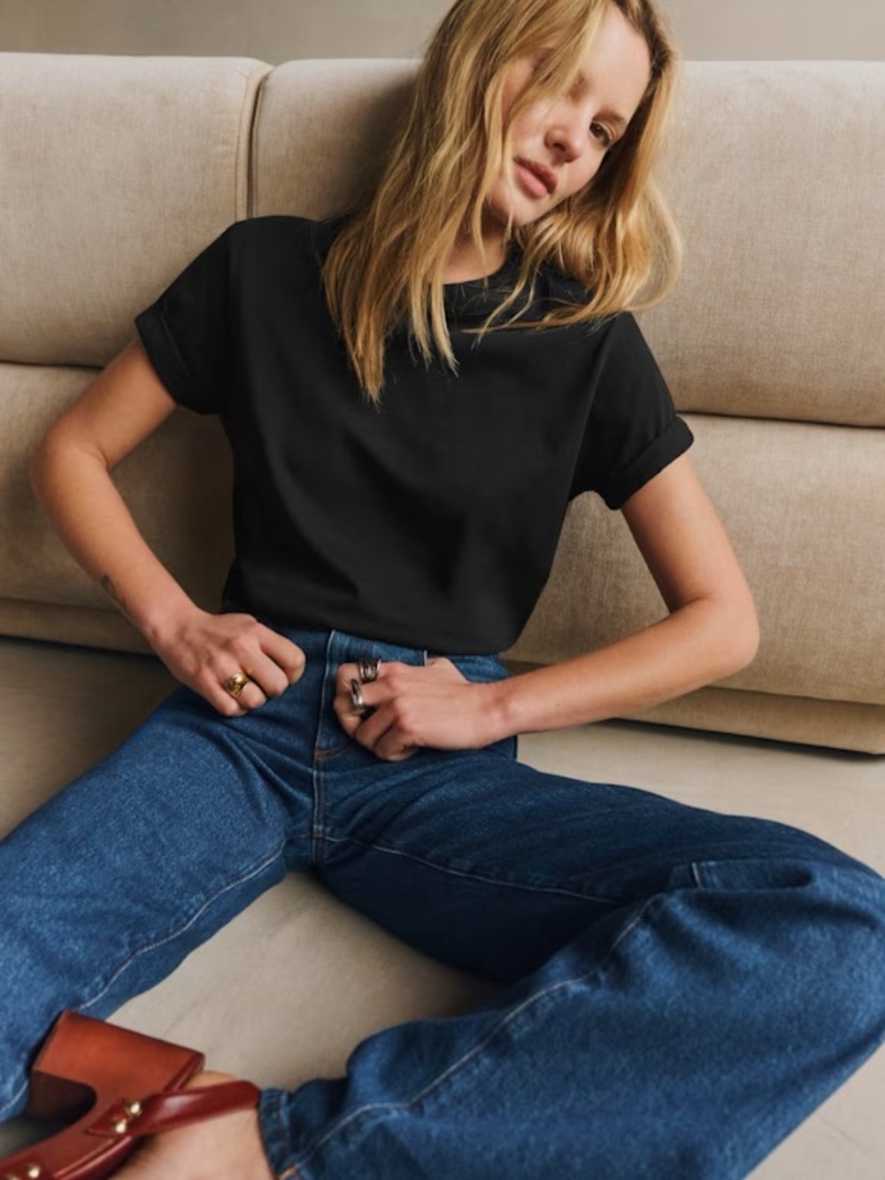 Sezane Black Rolled-Sleeve Crewneck Tee